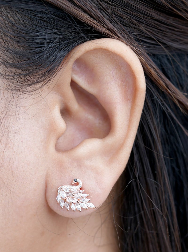 Flaunting Swan Stud Earrings (Pure Silver) - Rose Gold